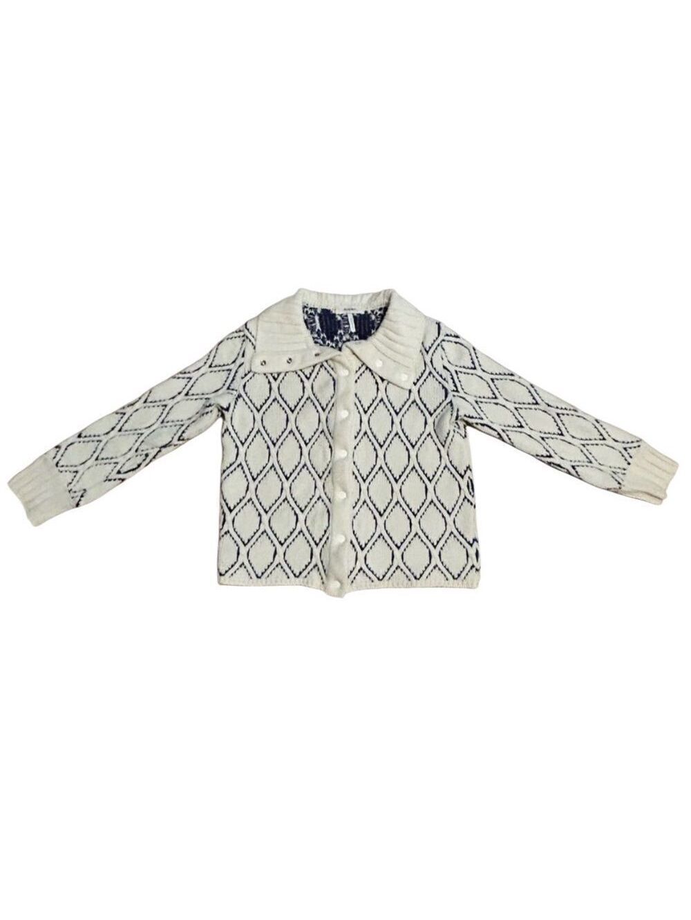 Rodier France Wool Cardigan Ivory Navy Diamond Pattern Sweater Collar Vintage L